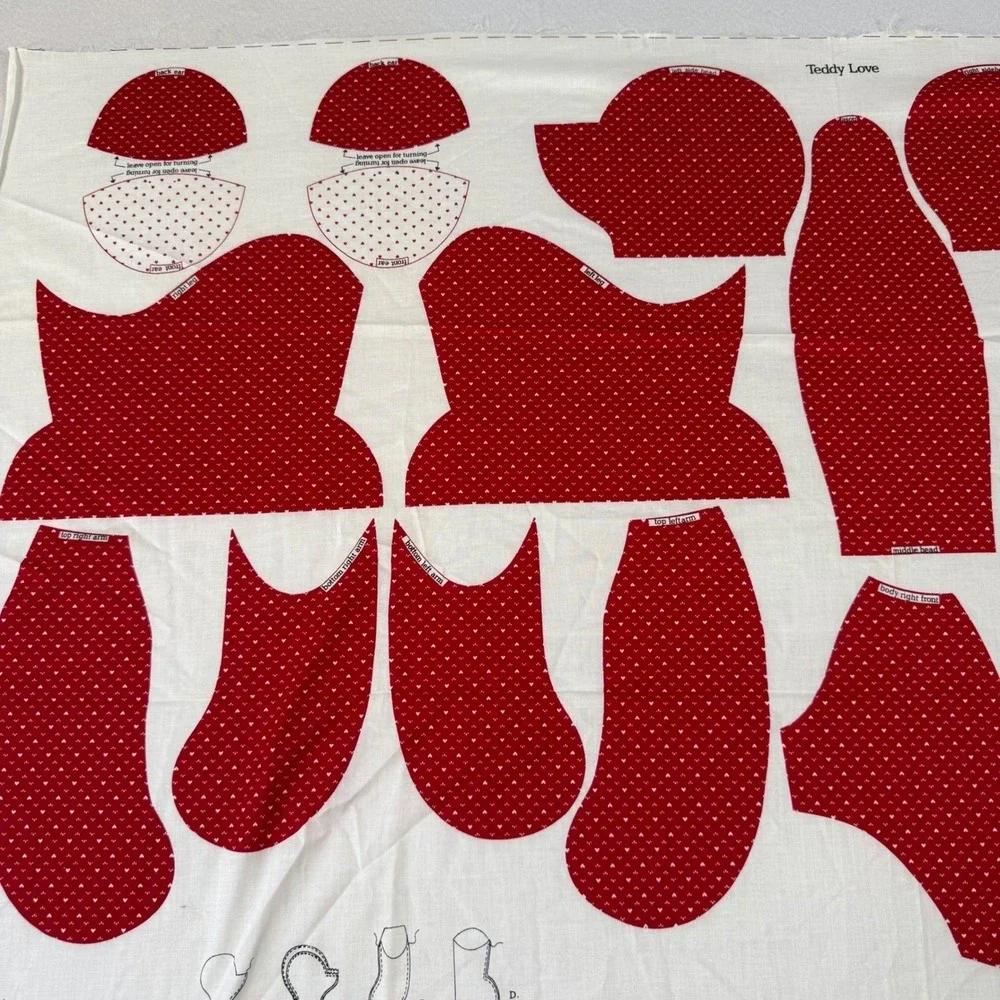 Vintage VIP Cranston Print Works Teddy Love Bear Fabric Panel DIY Sewing Kit Red